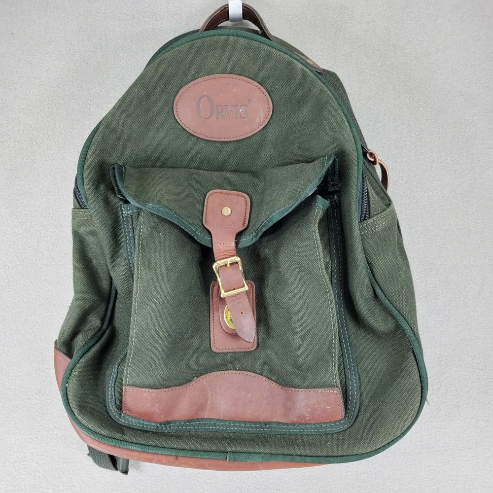 Orvis Canvas Leather Backpack Green Rugged Outdoor Field Bag Heritage Vintage